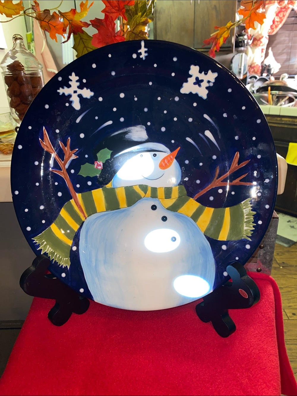Mesa International 13” Large Decorative Snowman Ceramic Plate - Navy & Yellow